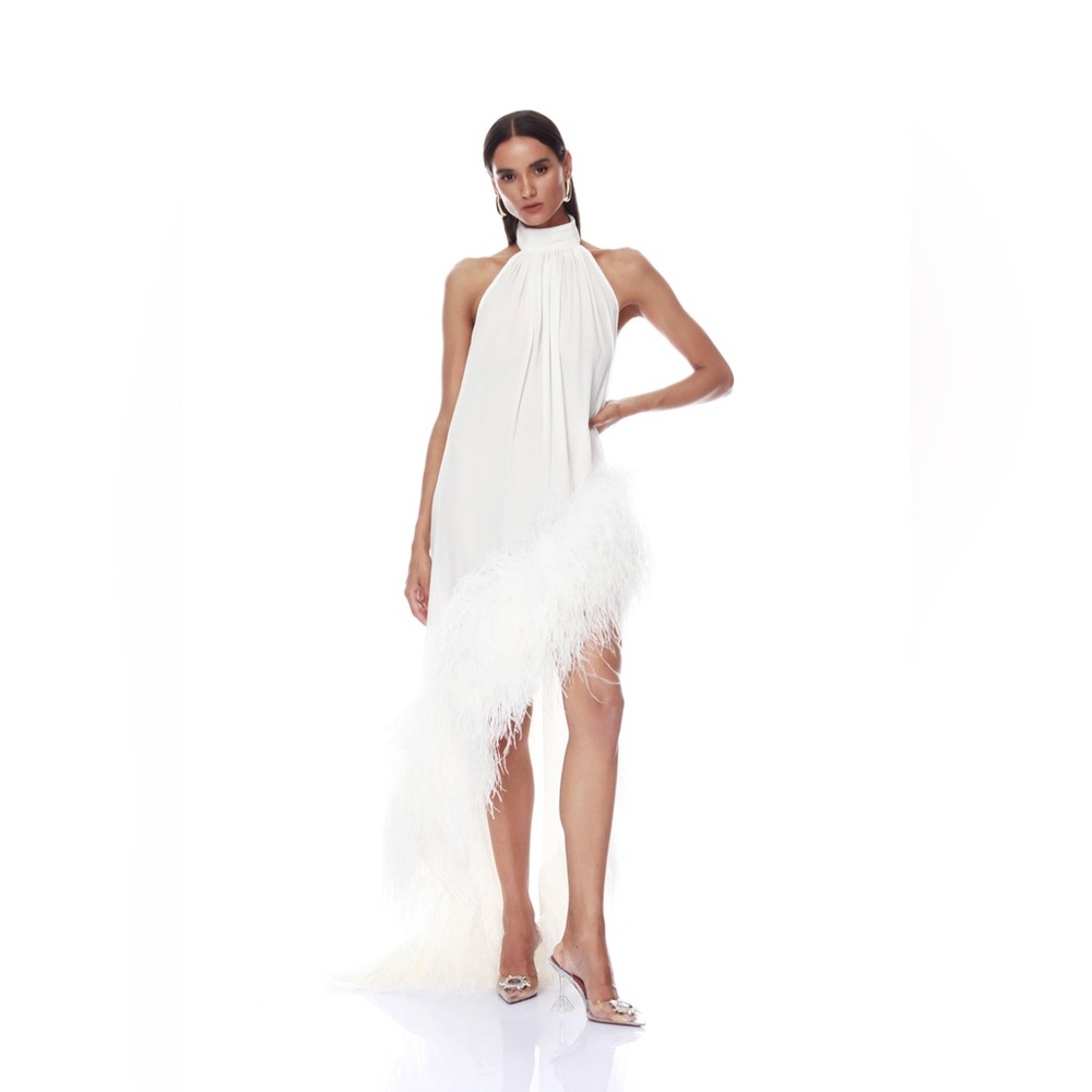 Bronx & Banco White Madeline Halter Neck Ostrich Feather Backless Gown XS NWOT - Picture 7 of 17
